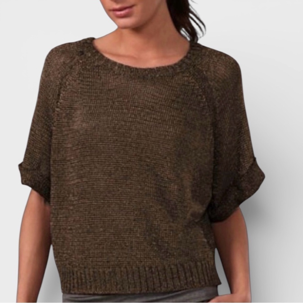 VINCE Metallic Chainlink Brown Sweater Knit Top Rolled 3/4 Sleeves